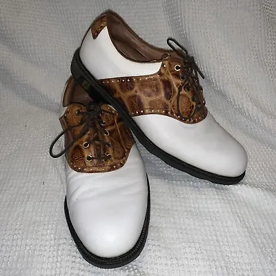 Footjoy Icon Golfing Shoes Tan Crocodile Pattern White Cleats Size 10 Men 52013 • $59.49