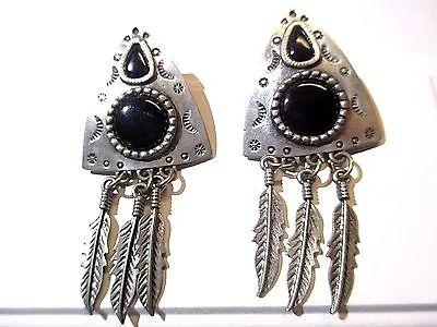 Pewter Southwestern Style Jj Signed Earrings Long Feather Etched Black Dangle • $22