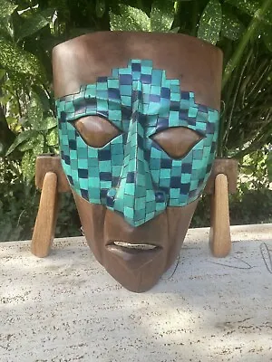 Hand Carved Mayan Wood Mask Warrior Pyramid Artwork Jaguar Snake Mexico Cedar  • $225