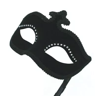 Black Velvet Jewelled Venetian Masquerade Party Carnival Eye Ball Mask On Stick • £10.99