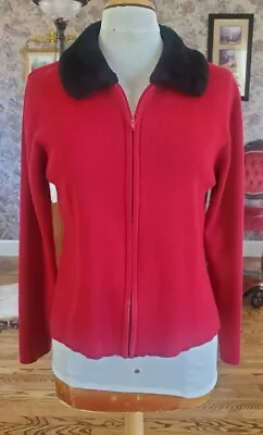 Sweater Cardigan Vintage Christmas Red Black Faux Fur Zip Jacket MED 8-10 Top • $20