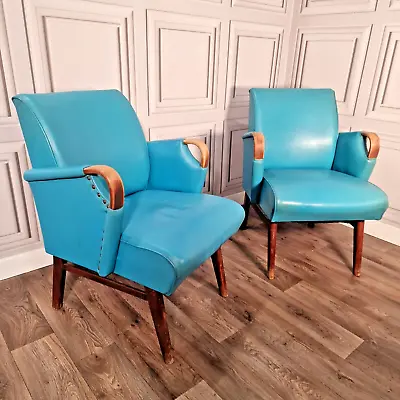 Pair Vintage Art Deco Blue Vinyl Danish Lounge Club Chairs - Retro Mid-Century • £439.99