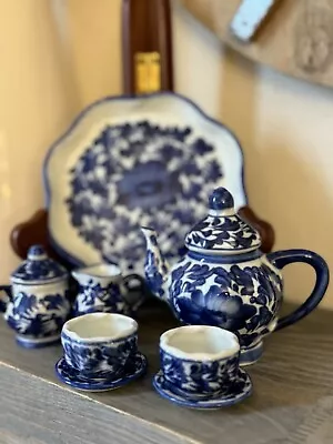 Chinoiserie Mini Porcelain Tea Set Blue White • $25