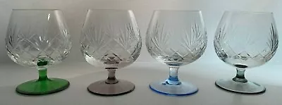 Set Of 4 Small Crystal Cut Glass Brandy Snifters Glasses Coloured Stems Home Bar • £19.99