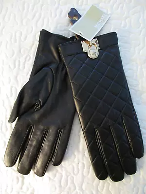 NWT! Michael Kors Women’s Black Leather Quilted Gloves Size L Gold Lock • $50