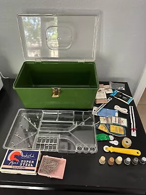 Vintage Wilson SEWING BOX Green W/ Tray Thread Storage Caddy Thimbles Needles ++ • $15.95