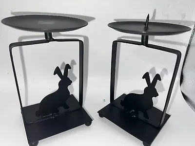 Lot Of 2 Metal Tin Candleholders Silhouette Black Rabbit Bunny Candlestick 5” • $17.50