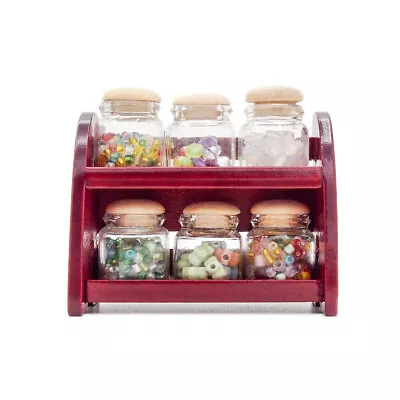 1/12 Miniature Wooden Jars Rack W/ 6pcs Glass Spice Bottles Candy Shop Dollhouse • $8.79