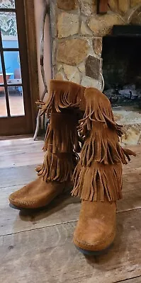 Minnetonka Brown Suede Leather Triple Fringe Boots Moccasins Sz 7 Style 1632 • $19.99