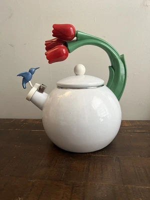 $50 • Buy Vintage Via Ancona Teapot Hummingbird Rare Red Tulips Enamel.  Whistling Kettle