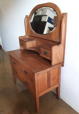 $60 • Buy Antique Silky Oak Dressing Table With Oval Bevelled Adjustable Mirror 5 Drawers
