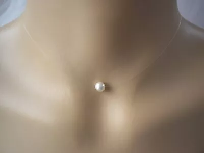 Single Dainty 6mm White Swarovski Pearl Floating Illusion Necklace Invisible • £10.99