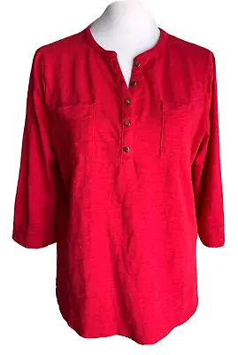 Chico's Henley Top Women's L/12 Red Knit Cotton Modal 3/4 Sleeve 5 Gold Buttons • $12.71