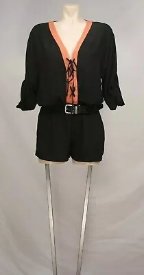 VaVa Joy Han Black Orange Romper S Lace Up Front Long Sleeves Pockets EXC • $12.95