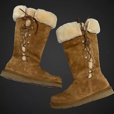 UGG Boots Brown Tall Size 8 Style 5163 Leather Lace Up Shearling • $39