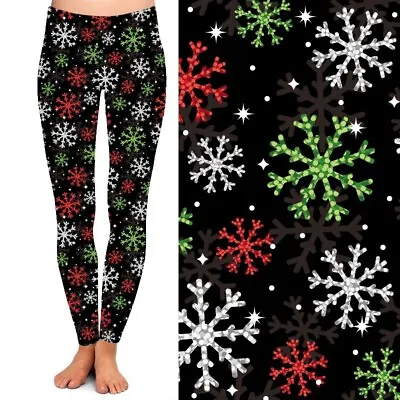 Green Red White Snowflakes Christmas Women's Leggings TC Plus Size 12-18 • $17.99
