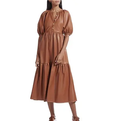 $212.50 • Buy STAUD NWT Whiskey Brown Demi Faux Leather Puff Sleeve Tiered Maxi Dress SZ Small