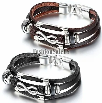 Unisex Mens Womens Love Infinity Symbol Leather Bracelet Strap Charm Cuff Bangle • $7.99