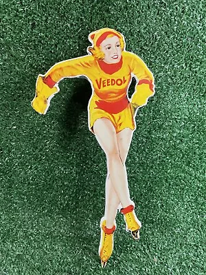 Vintage Veedol Porcelain Sign Figural Ice Skater Woman Motor Oil Gas Station 12” • $229.45