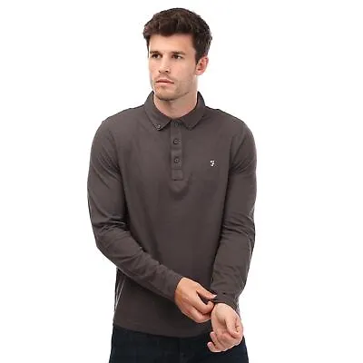 Men's Polo Shirt Farah Union Organic Blend Regular Fit Long Sleeve In Grey • £27.99