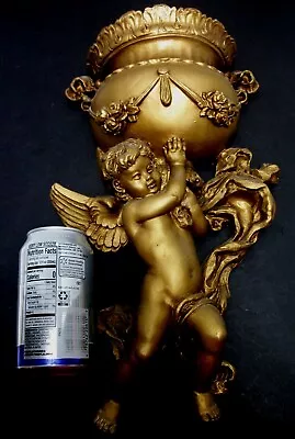 Vtg 15  Antique Gold Cherub Angel Wall Pocket Universal Statuary 15  Tall 1975 • $29.50