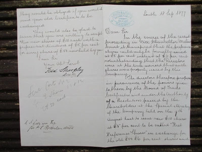 £2.99 • Buy Louth & Lincoln Railway, Handwritten Letter,  Secretary's Office,  18 Sept. 1877