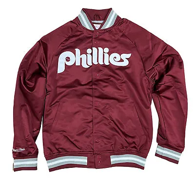 Men's Mitchell & Ness Cardinal MLB Philadelphia Phillies Lightweight Satin • $119.95