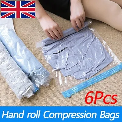 6x Roll Up Compression Vacuum Storage Bags Travel Home Luggage Space Saver 35x50 • £5.99