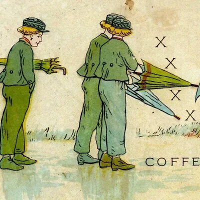 W.F. McLaughlin's Coffee Victorian Trade Card Men & Children Umbrellas Rain XXXX • $19.99