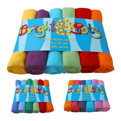 Bright Bots 6PK Baby Muslin Squares Cloths 70cm 100% Pure Soft Cotton - Various • £13.99