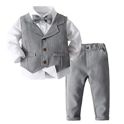 $25.10 • Buy Formal Suit Bow Tie Dress Shirt + Tuxedo Vest + Pants Set For Baby Boys Toddler