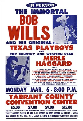 BOB WILLS MERLE HAGGARD WILLIE NELSON 1972 Fort Worth Texas Concert Poster • $12.99