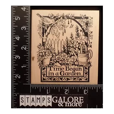 PSX Rubber Stamps K-1418 TIME BEGAN IN A GARDEN ARBOR FENCE FLOWERS BIRD #1675 • $10.39