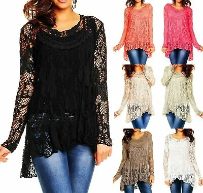 NEW ITALIAN LAGENLOOK LONG SLEEVE LACE CROCHET MESH TUNIC TOP VEST SET Size 8-22 • £15.40