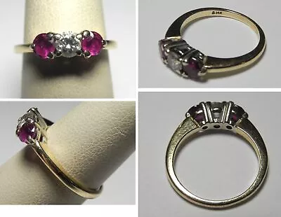 $450 • Buy V170 Estate Solid 14K Yellow Gold Diamond And Ruby Three Stone Ring, Sz 6.25