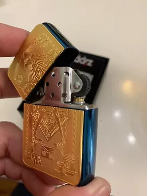 Masonic Zippo Lighter Blue Sapphire Free Masons Master Gift Gold Plated • $69.98