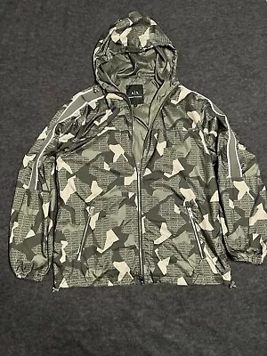 Armani Exchange Jacket Size Medium Hooded Camouflage Windbreaker Olive Green • $35