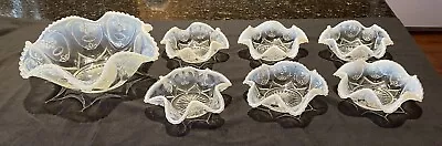 Vtg 7 Piece Dugan Jeweled Heart White Opalescent Ruffled Carnival Glass Bowls • $75