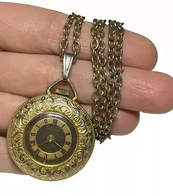 Vintage Lucerne Pocket Watch Pendant Necklace Ornate Flower Steampunk Goth G771 • $18.99