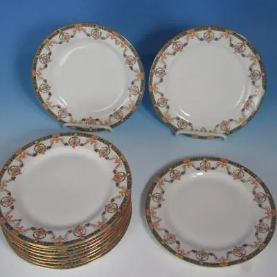 J Pouyat Limoges France - Red Ribbons Bows - 12 Dessert Plates - 7½ Inch POY113 • $50