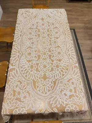 Vintage/Antique Bobbin Or Battenberg Large Lace Ivory Color Tablecloth 105”x70” • $20.50