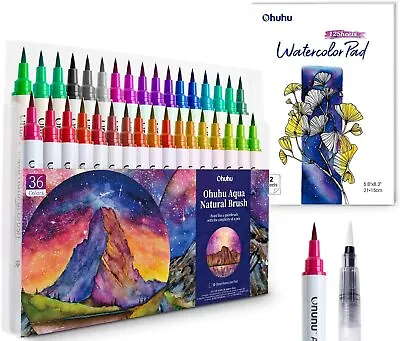 $19.99 • Buy Ohuhu 36 Colors Professional Watercolor Brush Markers W/ 12-Sheet Watercolor Pad