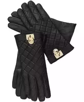 NWT Michael Kors Leather Gloves Quilted Hamilton Lock Logo Gold Toned • $74.99