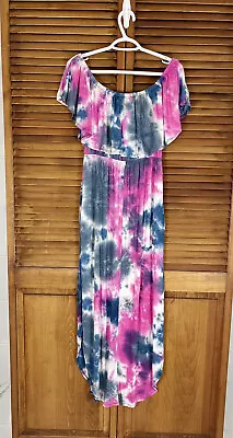 Sweet Lovely Tie Dye Off Shoulder Maxi Dress Side Slit Pockets Sz Small • $14.99