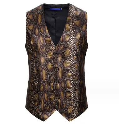 Mens Snakeskin Print Suit Jacket Four Buttons V-Collar Stage Blazer Vest Gilet • $82.43