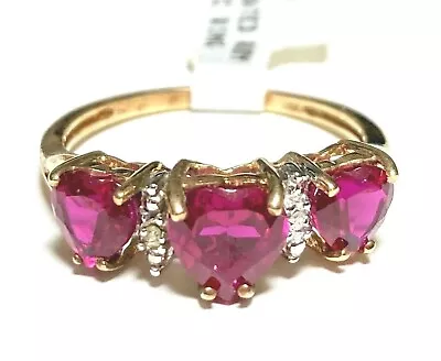 10K Yellow Gold Over  Ring 3 Heart Lab Created Rubies Diamond Accents • $139.99