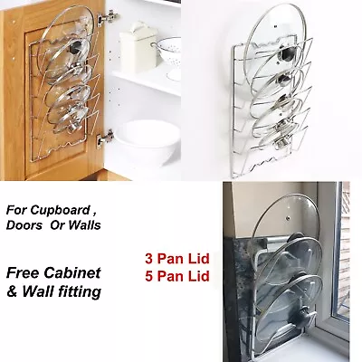 WALL DOOR CUPBOARD SAUCEPANS PAN LIDS STORAGE RACK HOLDER HOLDS 3 Or 5 LIDS UK • £4.98