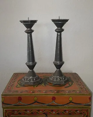 Vintage Mid Century Mexican FolkArt Large Elegant Punched Tin Pair Candlesticks • $165