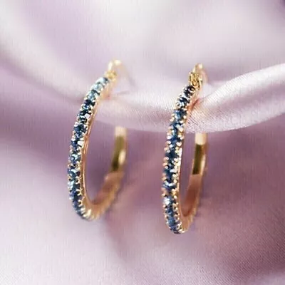 1 Ct Round Cut Lab-Created Blue Sapphire Hoop Earrings 14K Yellow Gold Plated • $75.22