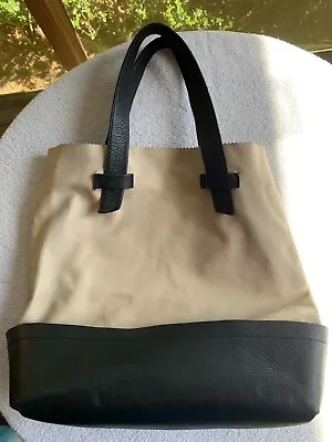 ZARA Bag Genuine Leather Tote Shopper Color Block Navy Cream Angel Skin Spain • $59.95